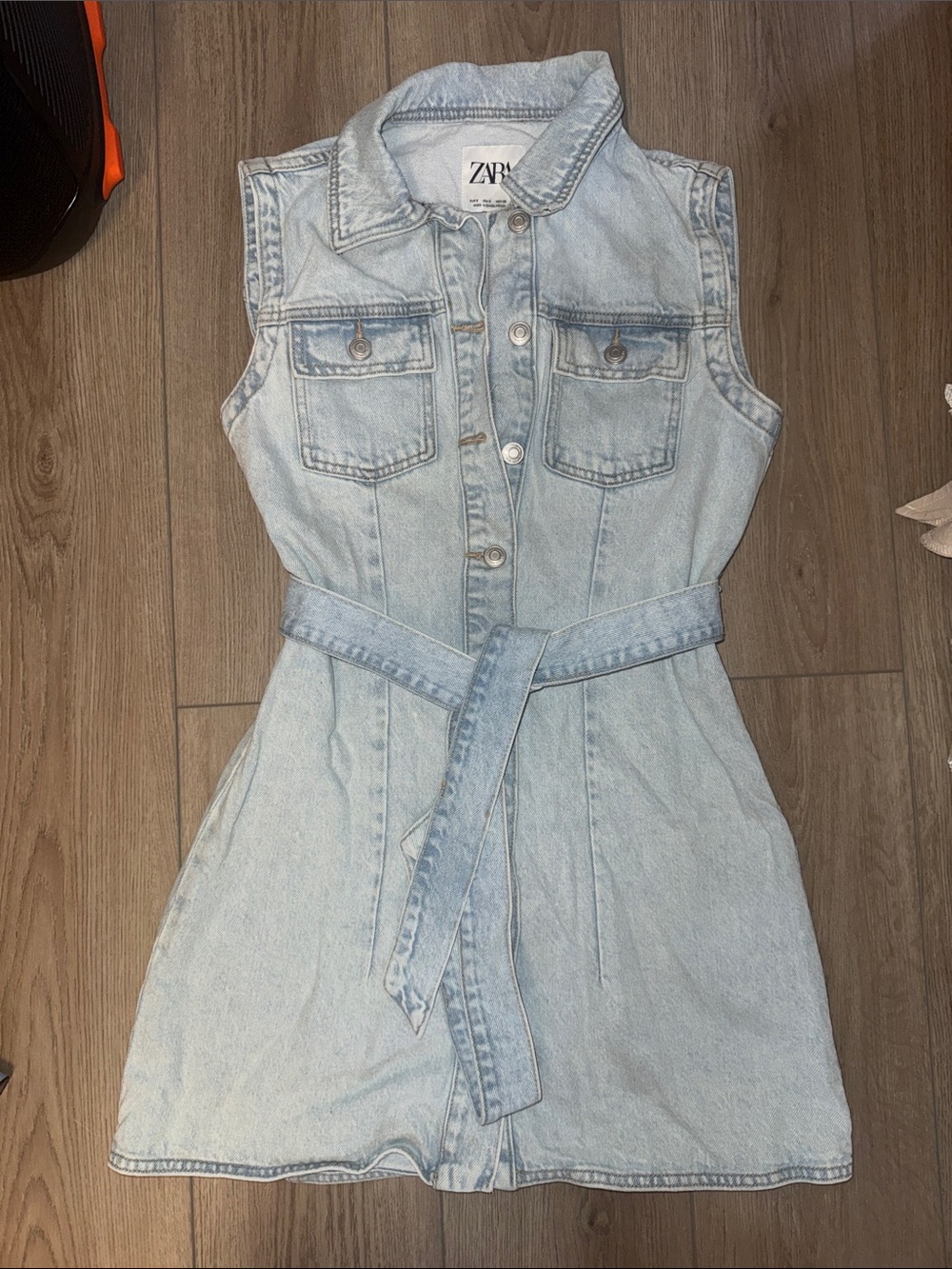ZARA Light Blue Denim Sleeveless Shirt Dress with Tie Waist